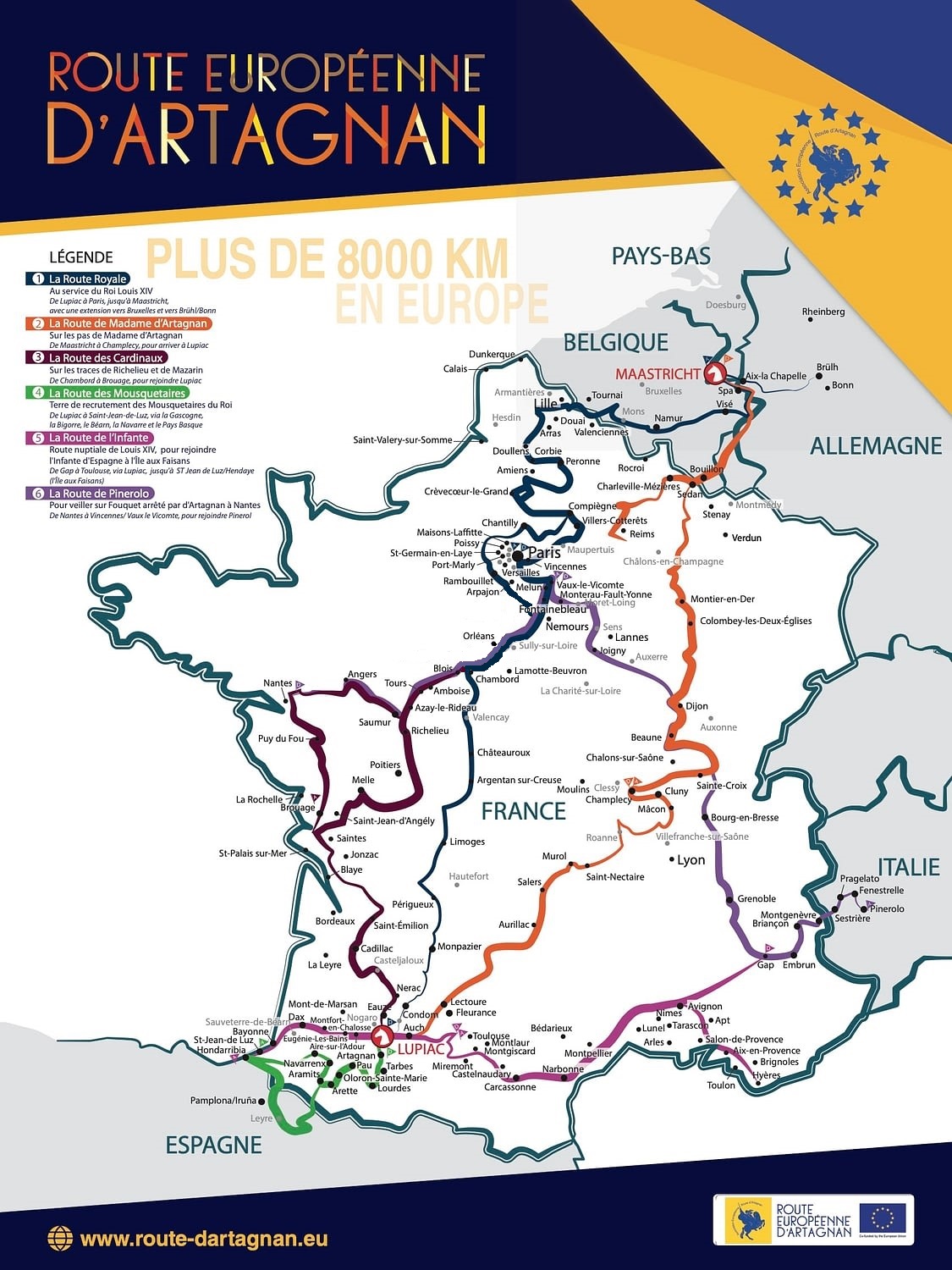 "Carte des différents itinéraires de la route européenne d'Artagnan"